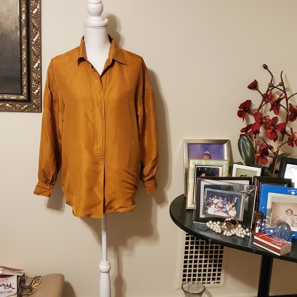 RMS Designs mustard 100% silk botton down shirt size M